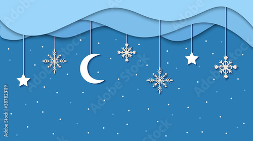 Winter background in paper cut out style. Merry Christmas and Happy New Year vector illustration.
