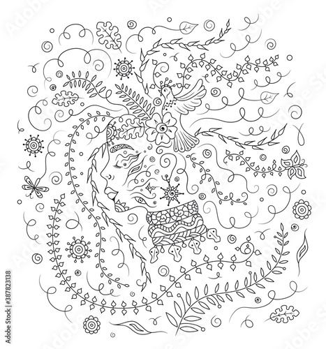 Woman portrait with hair made of leafs, flowers, herbs, birds and butterflies. Forest nymph, Mother Nature, magic fairy, Bohemian goddess. Coloring book, Illustration in black and white