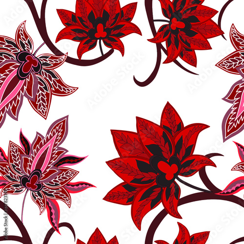 Oriental motives. Seamless pattern with beautiful ethnic flowers and paisley. Floral decoration. Traditional paisley pattern. Textile design texture.Tribal ethnic vintage seamless pattern.	