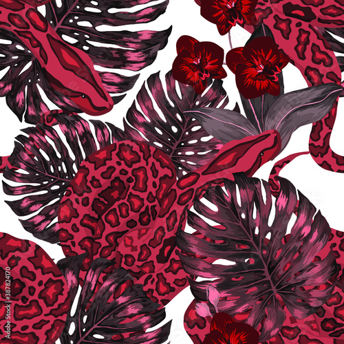 Beautiful seamless pattern with python and tropical leaves. Beautiful allover print with hand drawn exotic plants and snake. Swimwear botanical design. Vector	