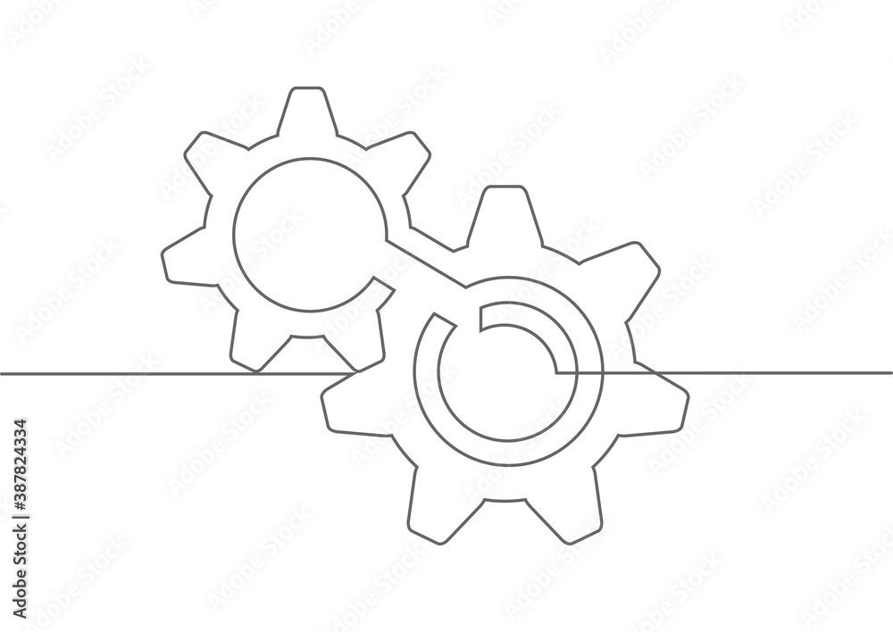 Continuous line gears .Engineering drawing.Technical drawing of gears .Rotating mechanism of
