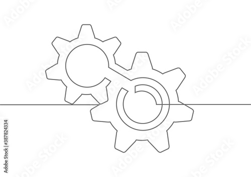 Continuous line gears .Engineering drawing.Technical drawing of gears .Rotating mechanism of round parts .Machine technology.Vector illustration	