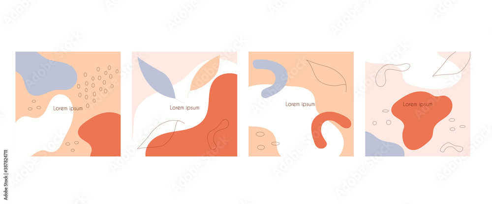 Set of Abstract shapes background with leaf and rainbow. Suitable as a business card, banner, booklet. Hand drawn modern pastel colors trendy vector illustration. Contemporary style template