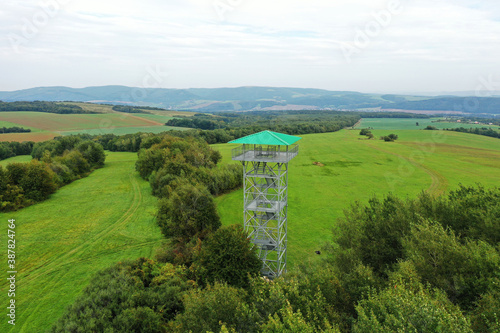 Aerial view of the Zlatnik lookout tower in the Slanské vrchy locality near the village of Bystre in Slovakia photo