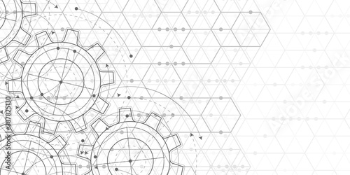 Engineering drawing .Hexagons on white background.Technical drawing of gears .Geometric rhombuses.Abstract tech.Vector illustration.