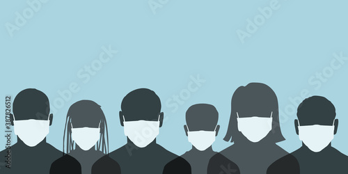 Group of people wearing a surgical masks, Crowd of people protecting themselves against pandemic epidemic infection, Vector illustration of COVID-19, New normal hygiene concept.