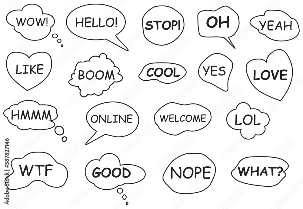 Fototapeta baloon, speech, cloud, lol, love, graphic, media, bubble, cartoon, comic, design, cute, dialog, art, chat, internet, OMG, WOW, Like, banner, doodle, frame, yes, no, icon, collection, concept, draft,