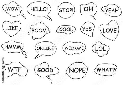 baloon, speech, cloud, lol, love, graphic, media, bubble, 
cartoon, comic, design, cute, dialog, art, chat, internet, 
OMG, WOW, Like, banner, doodle, frame, yes, no, icon,
collection, concept, draft,