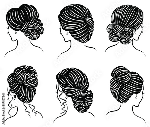 Collection. Silhouette of the head of a lovely lady. The girl demonstrates her pech hairstyle for long and medium hair. Suitable for logo, advertising. Vector illustration set.