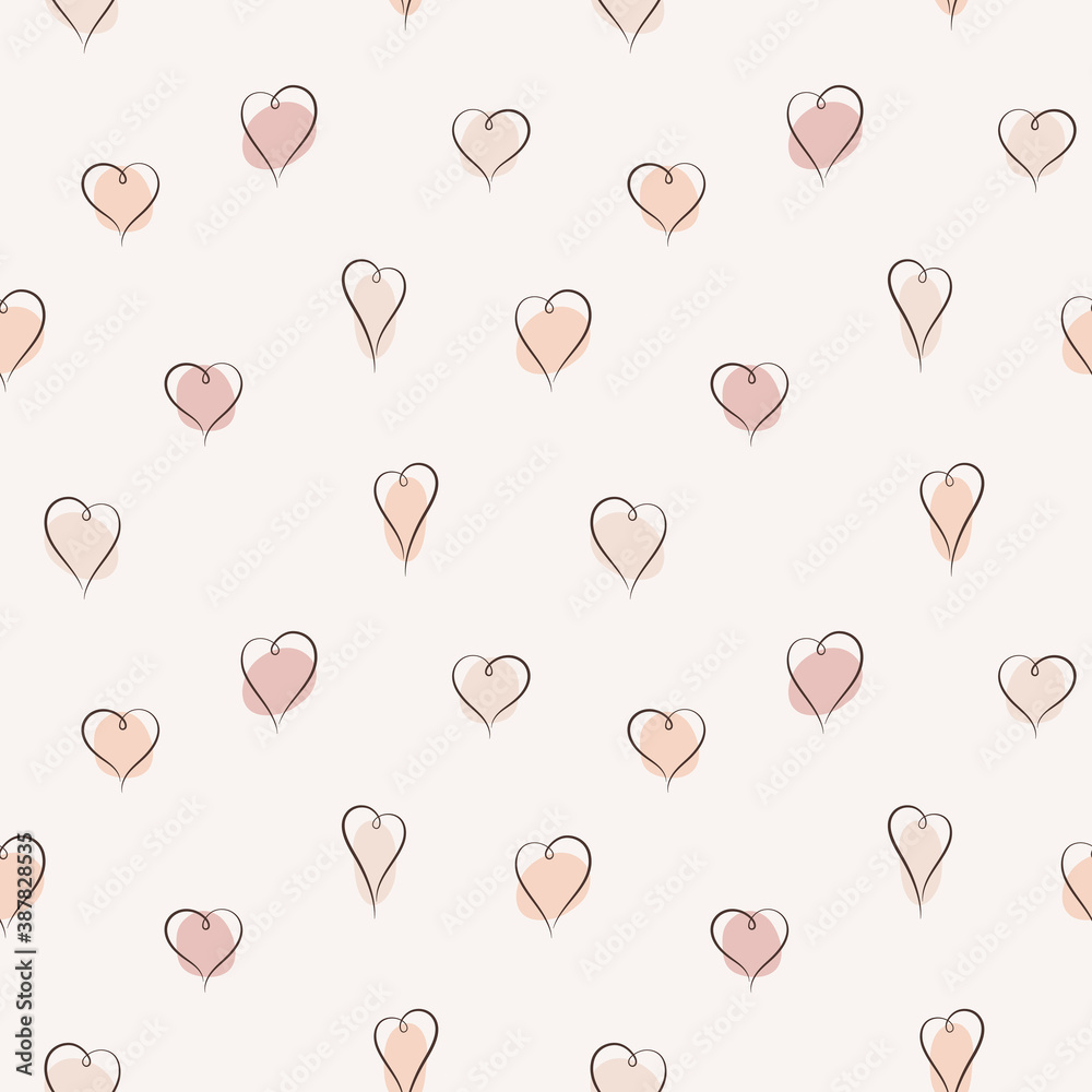 Doodle, hand drawn heart shapes seamless repeat vector pattern. Elegant, soft pastel colors Valentine's day background. Linear hearts, line drawings with trendy fluid, liquid backgrounds.