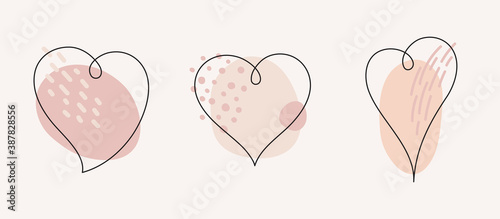 Doodle linear style heart shape illustrations collection. Soft pastel colors Valentine's day hand drawn cute graphic elements set. Line hearts drawings with trendy fluid, liquid pattern backgrounds.