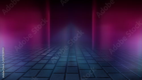 Empty background scene. Dark street reflection on wet asphalt, fog. Rays of neon light in the dark, neon figures, smoke. Background of empty stage show. Abstract dark background.