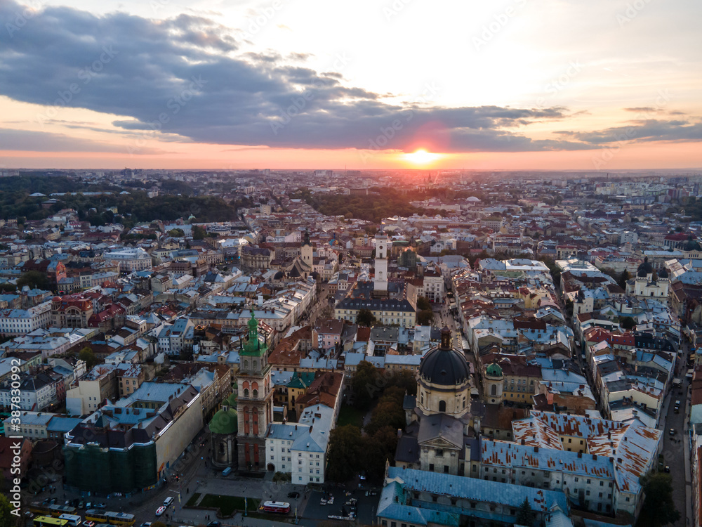 aerial view of sunset above the old european city