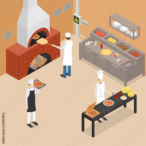 Pizzeria Restaurant Interior with Furniture Isometric View. Vector