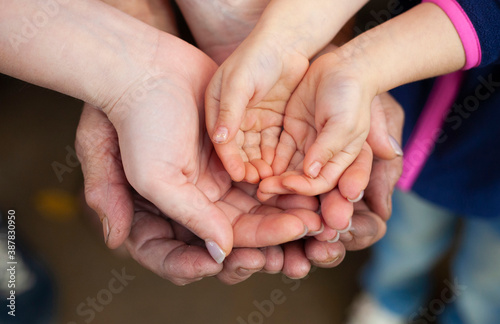 Grandfather holds the hands of his granddaughter and great-granddaughter. Generation change.
