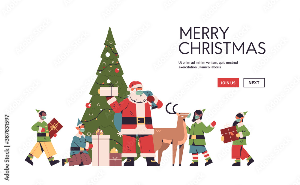 santa claus with mix race elves in protective masks preparing gifts happy new year merry christmas holidays celebration concept full length horizontal copy space vector illustration