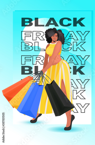 african american woman holding colorful shopping bags black friday big sale promotion discount concept full length vertical vector illustration