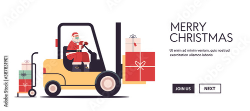 santa claus driving forklift truck loading colorful gifts merry christmas happy new year express delivery concept horizontal copy space vector illustration