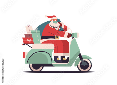santa claus driving scooter delivering gifts merry christmas happy new year holidays celebration concept horizontal vector illustration