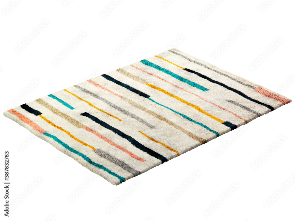 Modern light beige fluffy rectangular carpet with a colorful geometric pattern. Contemporary rug with cotton base and high pile on white background. Mid-century, Scandinavian interior. 3d render