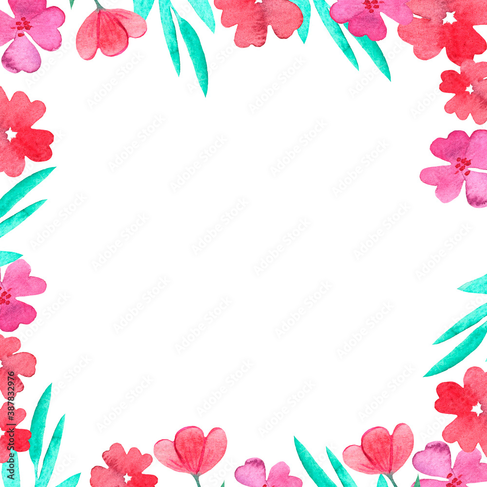 Watercolor flower frame, red flowers on a white background, suitable for decorating greeting cards, invitations. Watercolor flower frame, red flowers on a white background, suitable for decorating greeting cards, invitations.