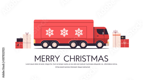 red truck delivering gifts merry christmas happy new year holidays celebration express delivery concept copy space horizontal vector illustration