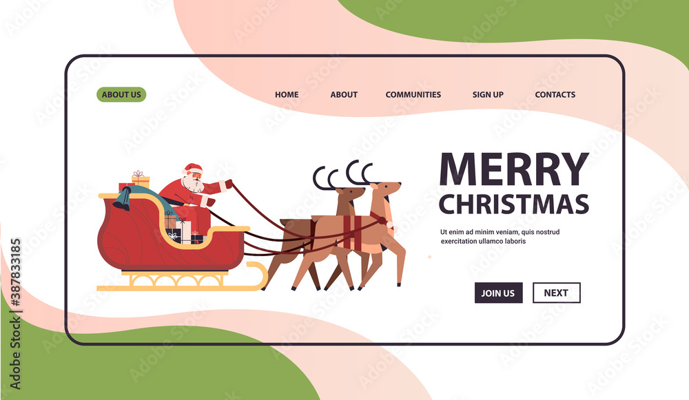 Fototapeta premium santa riding sledge with reindeers happy new year and merry christmas banner holidays celebration concept horizontal copy space vector illustration