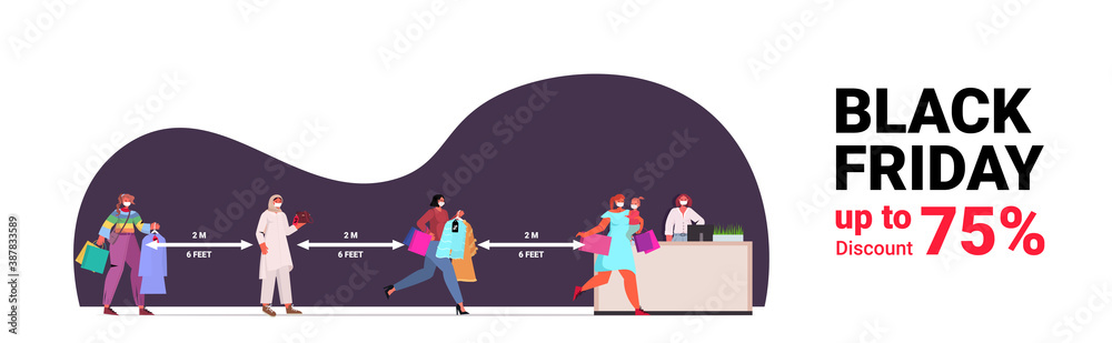 mix race people in masks buying clothes customers keeping distance to prevent coronavirus black fridy sale social distancing concept horizontal full length vector illustration