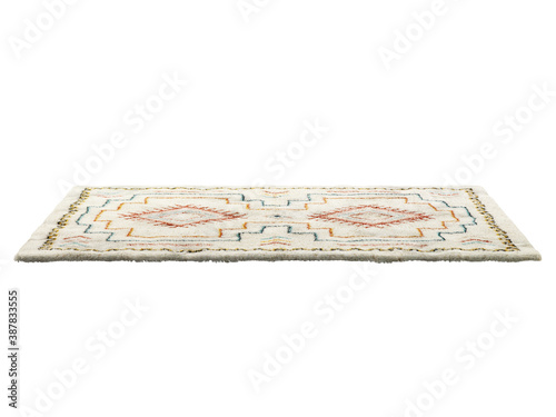 Scandinavian light beige fluffy rectangular carpet with a colorful ethnic pattern. Contemporary rug with cotton base and high pile on white background. Mid-century, Scandinavian interior. 3d render