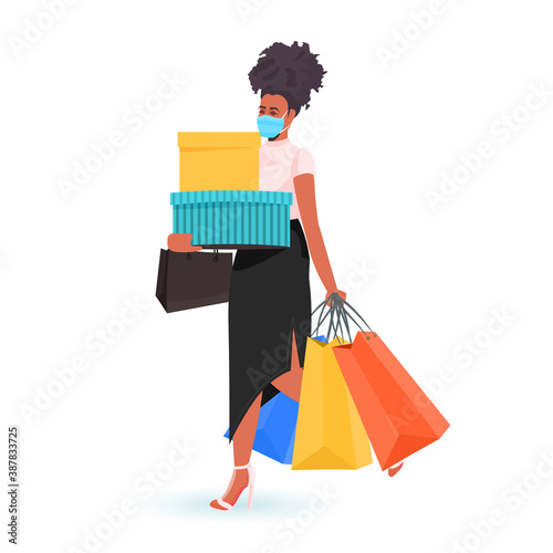 african american woman in protective mask holding shopping bags black friday big sale promotion coronavirus quarantine concept full length vector illustration