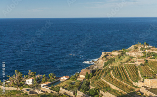 Mallorca, Spain, September 28th 2020: the stepped coast of banyalbufar and the mediterranean sea.