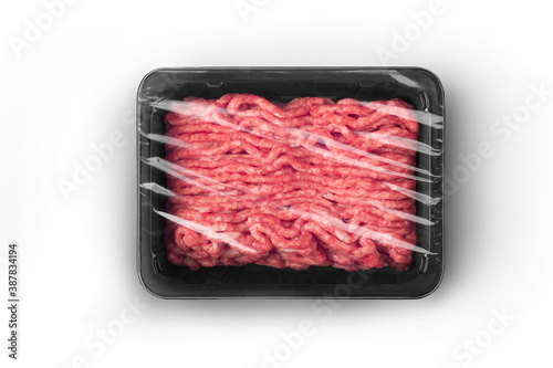 Black sealable plastic tray with fresh raw minced meat top-view. Packaging template mockup collection. With clipping Path included. photo