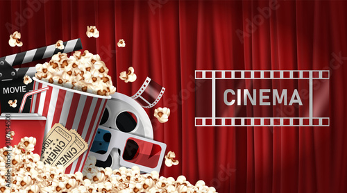 Watch movies online through 3d glasses, soft drinks with popcorn and film-strip cinematography concept Eps10 Realistic Vector Illustration