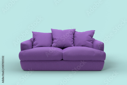 Violet couch with pillows on studio blue background.