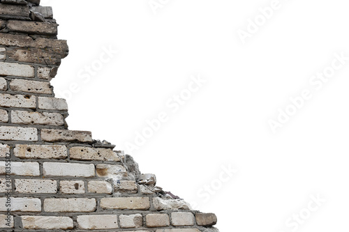 fragment of a destroyed white brick wall on a white background.