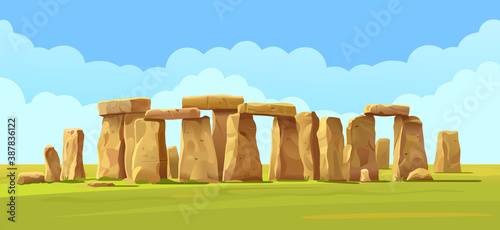 Obraz na plátně Stonehenge stone landscape on the field, blue sky and clouds