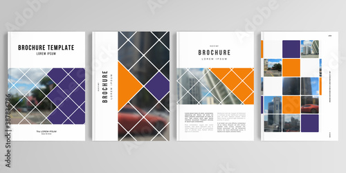 Realistic vector layouts of cover mockup templates in A4 for brochure, cover design, flyer, book design, magazine, poster. Abstract design project in geometric style with squares and place for a photo © Raievska