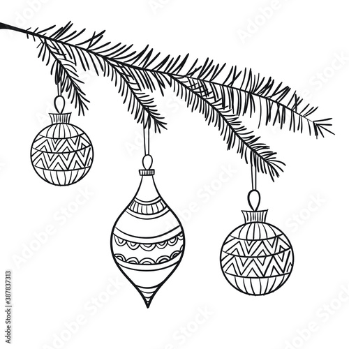 Hand drawn christmas balls hanging 
on tree isolated on white. Vector sketch black and white illustration 