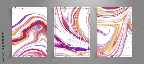 Flyer cards template with fluid abstract background. Fluid marble texture set. Set of cards for print and web design. Purple waves
