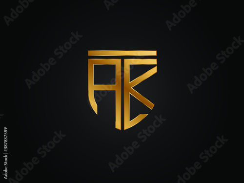 AK Logo monogram with emblem shield shape design isolated gold colors on black background