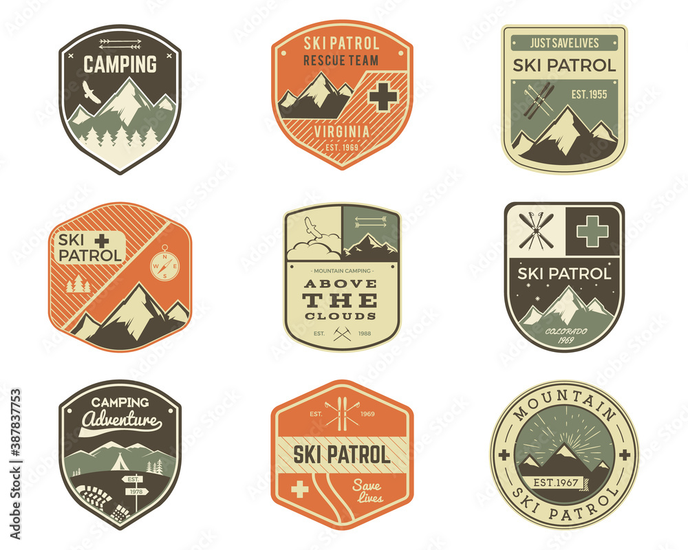 Set of Retro style Ski Club, Patrol Labels. Classic Mountain elements. Winter or summer camping explorer badges. Outdoor adventure logo design. Travel hipster insignia. Adventure patches. .