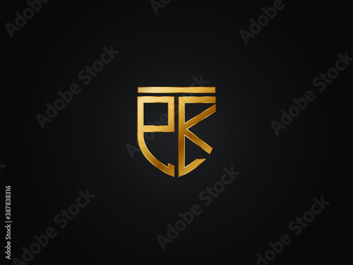 PK Logo monogram with emblem shield shape design isolated gold colors on black background