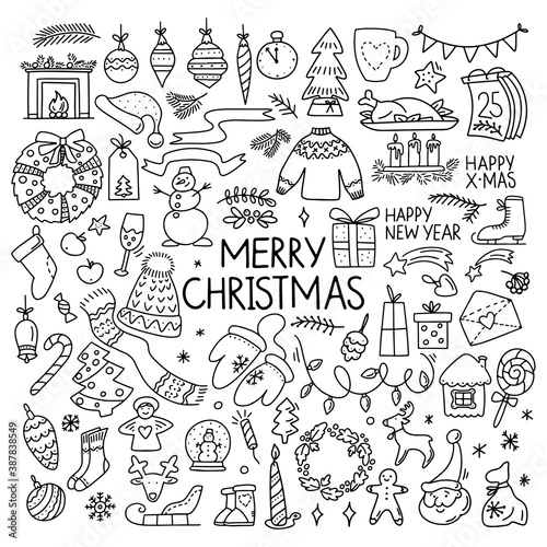 Hand drawn set of  Merry Christmas element  bell  ball  candy  angel  snowman  tree  fire in doodle style isolated on white background. Vector outline illustration. Design for card  flyer  banner