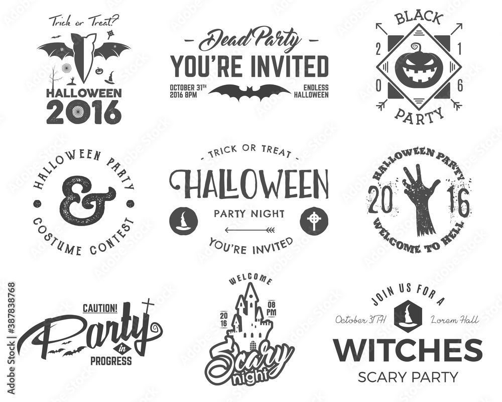 Halloween 2016 party label templates with scary symbols - zombie hand, witch hat, bat, pumpkin and typography elements. Use for party posters, flyers, invitations. On t shirt, tee and other identity