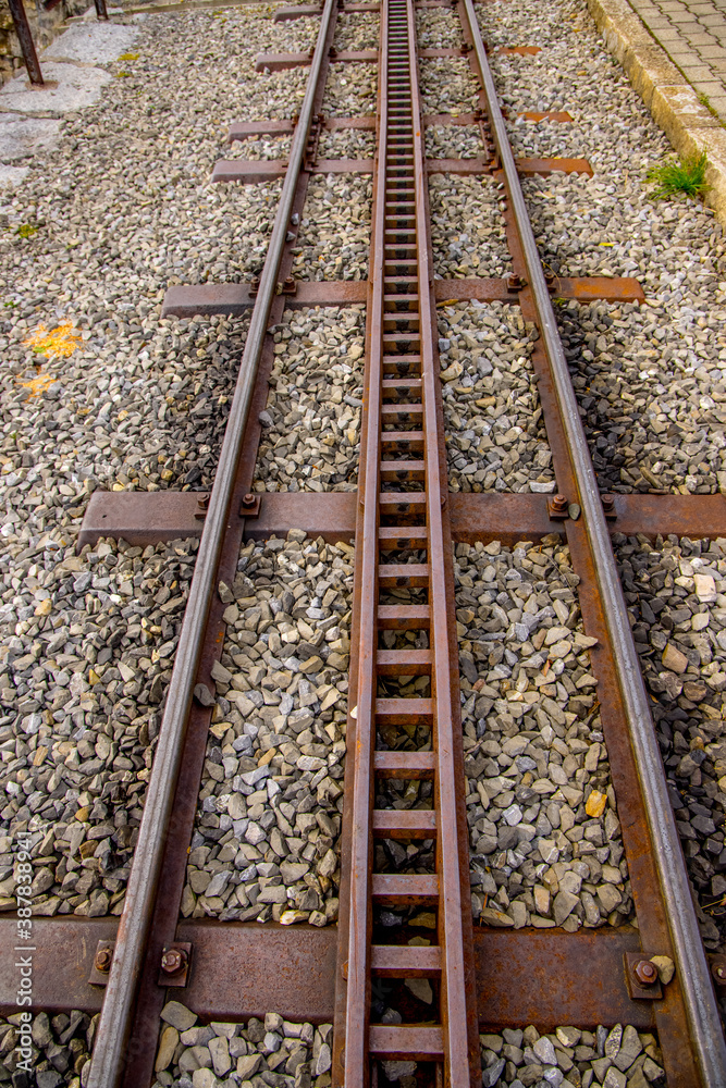 Fototapeta premium Cog railway train tracks in the Swiss Alps - travel photography