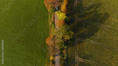 Beautiffull Autumn drone fly over the road with car driving by photo