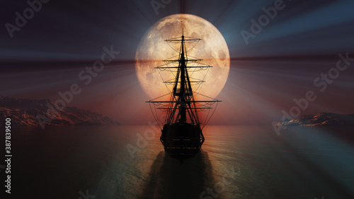 old ship in the night full moon illustration