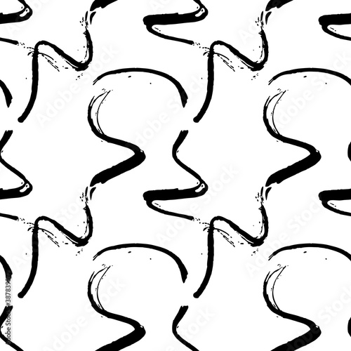 Black seamless pattern on white background, wavy brush strokes	