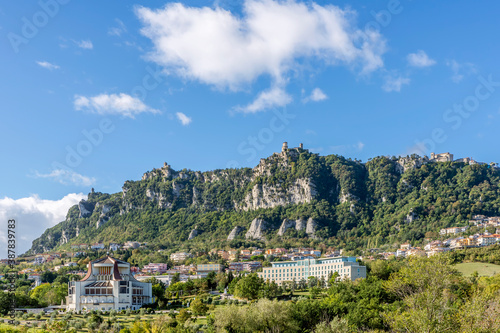 View of the Immaculate Heart of Mary Sanctuary and the fortress of San Marino on Mount Titano