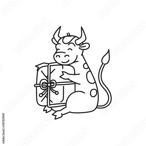 White metal bull sitting with gift - chinese new year symbol or logo for kids stickers